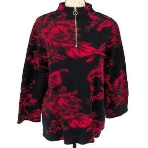 CHICOS Top SIZE 3 Black/Red Bold Design Rayon Cotton Blend Heavy Knit Texture